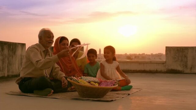 Multi-generational family enjoys a rooftop picnic at golden hour, with a grandfather helping his granddaughter fly a kite during the sankranti festival concept of intergenerational bonding 