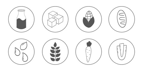 Set allergen free ingredients. Gluten free products warning symbols. Lactose, gluten, sugar, corn, egg, trans fat, soy, nut icon, dietary food badge. Minimal line organic design. Sign or stamp.