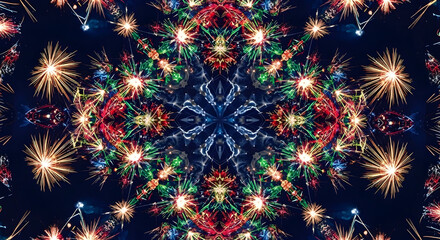 Symmetrical kaleidoscope pattern of colorful fireworks display against dark night sky