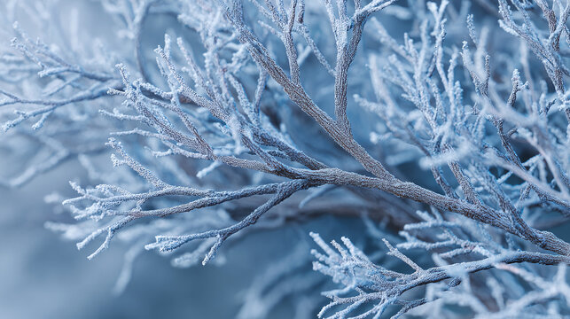 Frozen branches covered in ice, creating a beautiful winter scene. The delicate ice crystals sparkle in the cold air, evoking a sense of tranquility and the beauty of nature