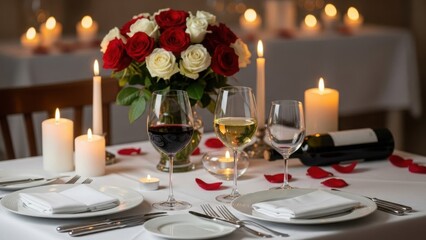 Romantic Dinner Table Setting with Red and White Roses, Candles, Wine, and Rose Petals