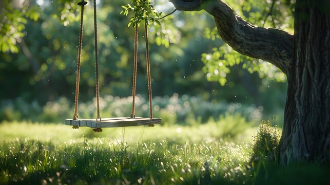 Sunlit Outdoor Swing Hanging From A Tree In A Quiet Meadow