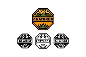 Mountain and forest landscape with sunrise, hill and pines badge design collection with colorful, filled and line art style for adventure and outdoors merchandise. Vector illustration