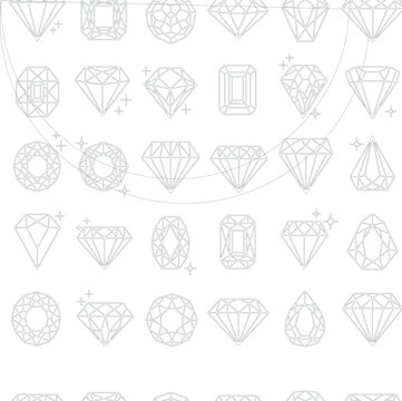 Collection of various gemstone and diamond cut line icons featuring geometric wireframe shapes for jewelry manufacturing design patterns and luxury branding elements