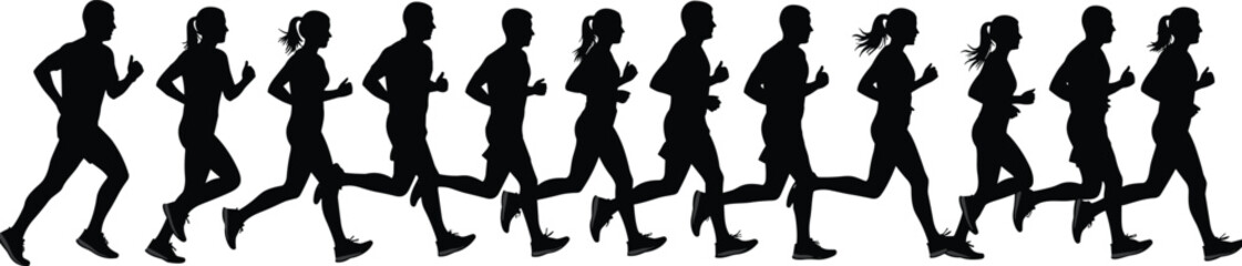 Group of Multiethnic Male and Female Runners Silhouettes in Continuous Motion Sequence Isolated on White Background Representing Fitness Progress and Stamina