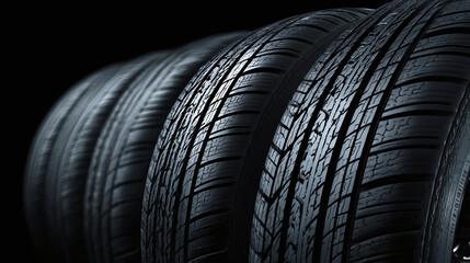 Close-up of a row of four black tires, showcasing their intricate tread patterns