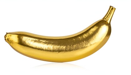 A curved, golden banana rests against a pure white background