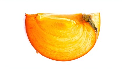 Close-up of a vibrant, translucent orange fruit slice, isolated on white