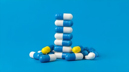 Stack of colorful medicine capsules and pills against a bright blue background for health and wellness concepts.
