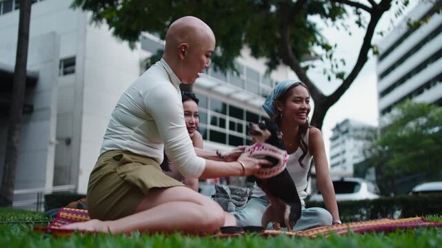 Happy friends playing with a small chihuahua dog in the park
