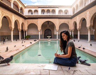 Young woman sketching by a tranquil courtyard pool