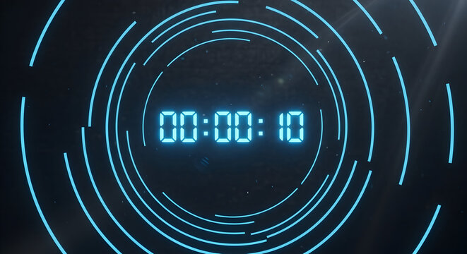 Digital countdown timer displays ten seconds with glowing blue concentric circles on a dark background - Powered by Adobe