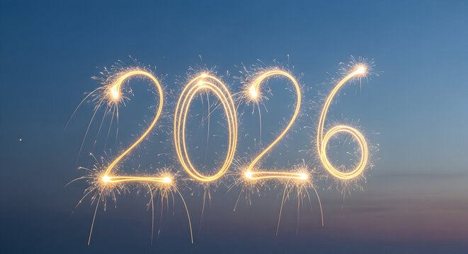 Sparkler fireworks forming the year 2026 against a twilight sky - Powered by Adobe