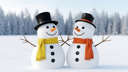 Two Snowmen Wearing Hats and Scarves in Snowy Forest