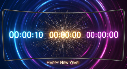 New year countdown clock with neon lights and fireworks burst
