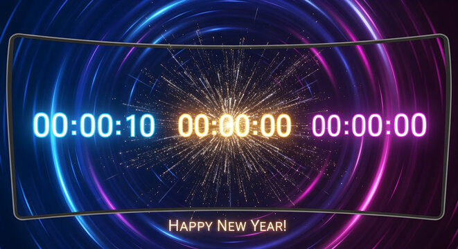 New year countdown clock with neon lights and fireworks burst - Powered by Adobe