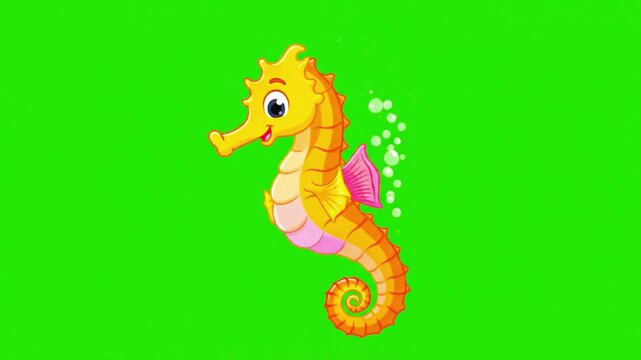 A vibrant, cartoon seahorse with curly tail and playful expression on a green screen backdrop.