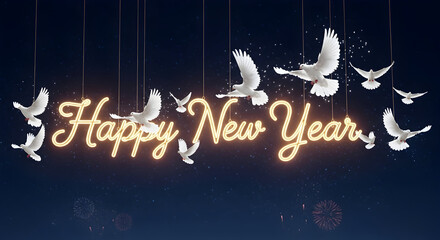 White doves fly around glowing neon happy new year text against a dark background
