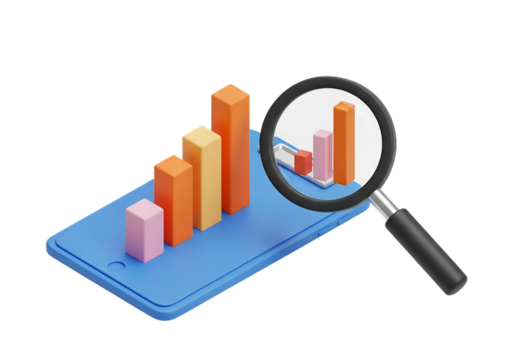 3d bar chart with magnifying glass isolated on transparent background - Powered by Adobe