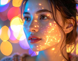 Young woman with light reflections on her face, bright bokeh background