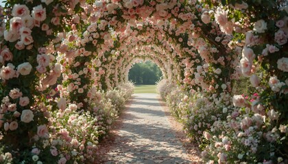 A magical tunnel made of blooming roses forming a natural arch over a peaceful walkway.