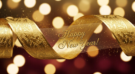 Golden ribbon with happy new year text against a bokeh background of lights
