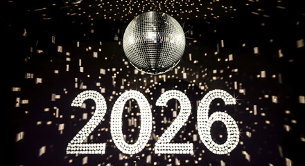 Sparkling disco ball illuminates the year 2026 with festive confetti