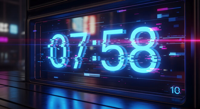 Digital clock displaying 07 58 with futuristic neon blue glitch effect in a dark urban setting - Powered by Adobe