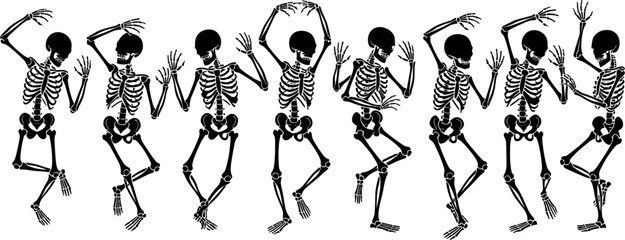 Dancing human skeleton silhouettes set in various expressive poses for Halloween decorations spooky party invitations graveyard themes and anatomy related graphic design