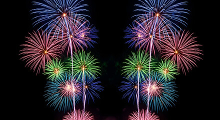 Symmetrical burst of colorful fireworks display against a dark night sky