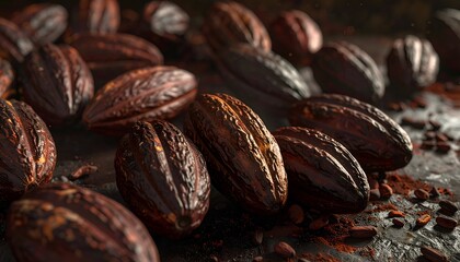 Obraz premium Close-up of cacao pods with textured shells and scattered powder