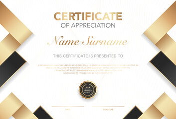 Elegant certificate of appreciation template with gold and black design, premium quality award diploma for achievement, education, business, corporate recognition and formal ceremony use.