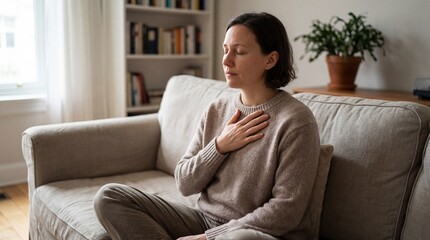 A woman  sitting on a sofa with eyes closed, hand on chest, slow breathing, subtle chest movement, calm expression, natural skin texture, conveying stress relief and emotional calm.