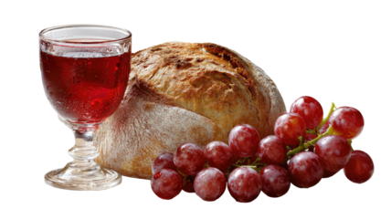 Communion elements red wine, crusty bread, and a bunch of ripe red grapes