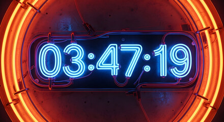 Retro neon clock displaying time 03 47 19 with orange glow