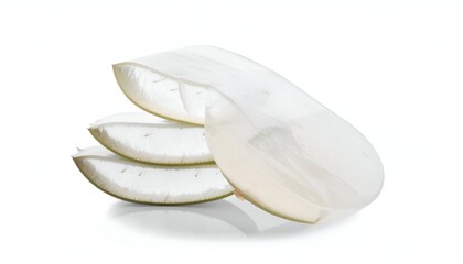 Close-up of peeled, translucent fruit slices, stacked against a white background