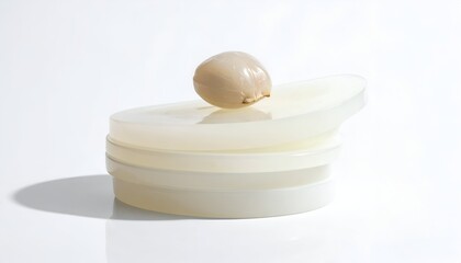 A peeled fruit sits atop stacked, semi-translucent discs on white