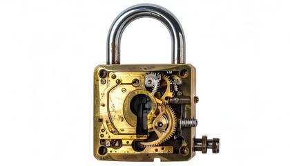 A detailed, cutaway view of a vintage brass padlock revealing internal gears