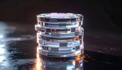Stack of glossy, transparent chips with reflective, segmented design