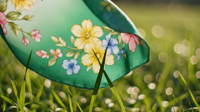 A floral design graces a green fabric, hanging above a vibrant, bokeh-filled grassy field