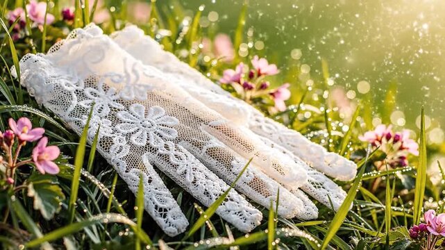 Delicate white lace gloves resting in fresh green grass with dew drops and blooming pink flowers