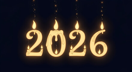 Glowing candles in the shape of the year 2026 against a dark background