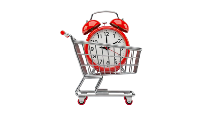 Shopping cart with a red alarm clock inside