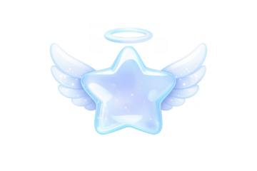 Angel star sticker with halo on transparent background, pastel blue glossy 3d winged icon, cute heavenly cartoon emblem for app ui, greeting cards, nursery designs
