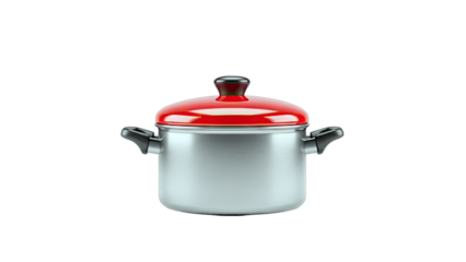 Silver pot with red lid and black handles