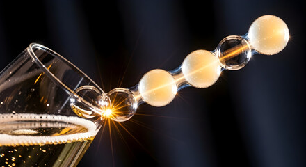Sparkling champagne in a glass with a decorative garnish of floating spheres