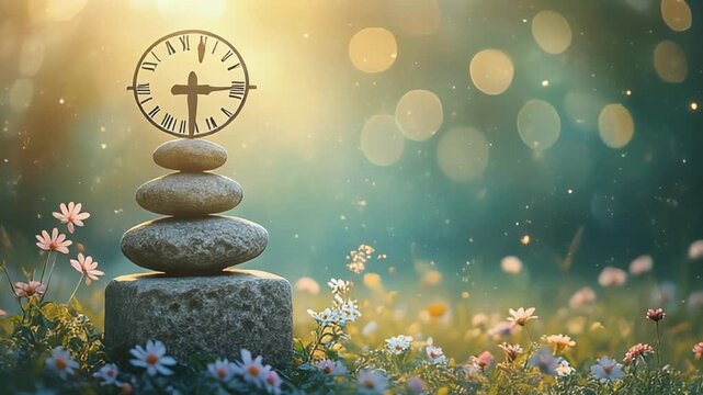 A serene image features a balanced stack of stones with a clock, flowers, and gentle light in the background