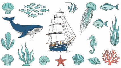 Collection of marine life and sailing ship illustrations. © Ahmad