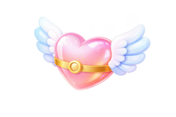 Winged heart sticker on transparent background, glossy pink 3d love icon with angel wings and gold ring, cute romantic valentine design element
