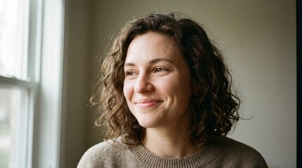 A young adult standing near a window with soft daylight, neutral minimal background blurred, natural posture and expression, conveying calm, focus and everyday realism.
